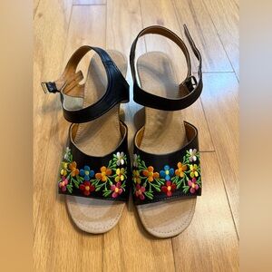 Mexican Embroidered Floral Black Sandals, Women’s 7.5